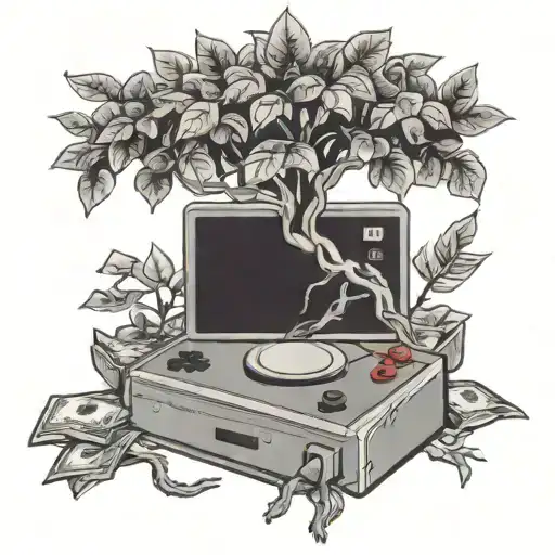 A pixelated money tree growing from a gaming console tattoo design idea