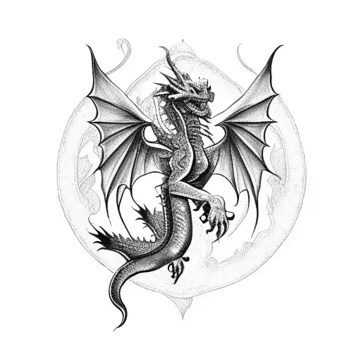 black and white medieval dragon with wings holding a single rose in his hands tattoo design idea