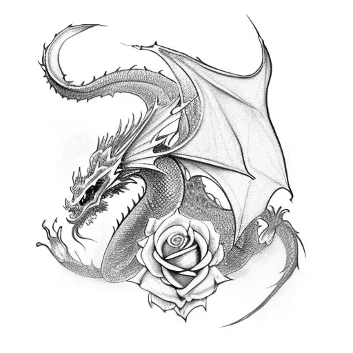 black and white medieval dragon with wings and a single big rose tattoo design idea