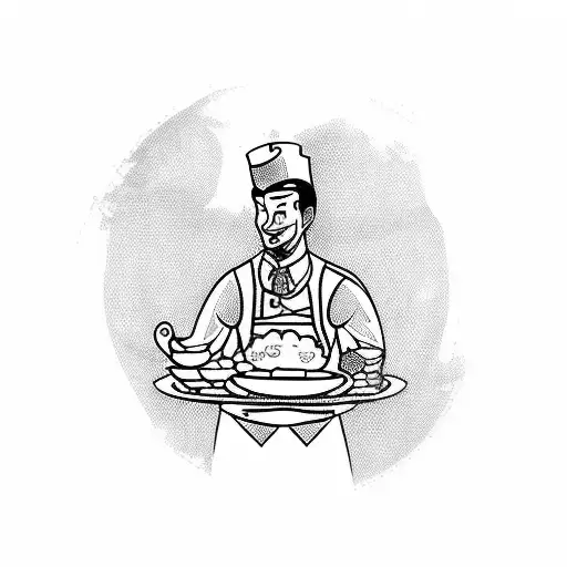 A stylized blackwork tattoo of a waiter holding a tray of food, with the word 'service' incorporated into the design tattoo design idea