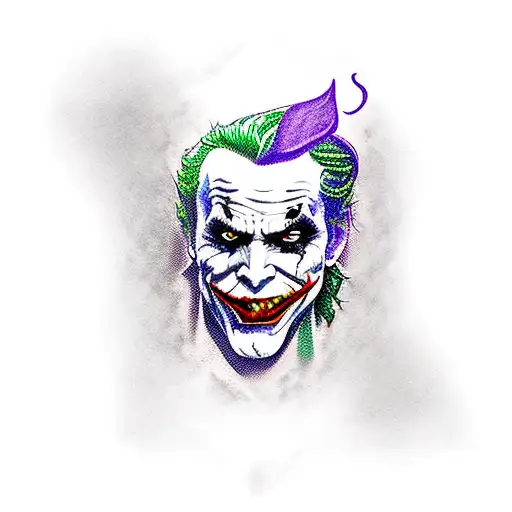 A new-school style tattoo of the Joker's face with devil horns and a devil tail tattoo design idea