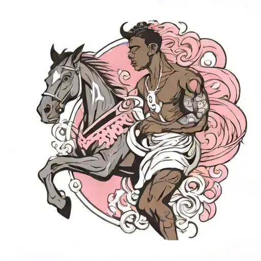 muscular black boy and pink horse tattoo design idea