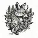  A graffity type tattoo where a fox show sin symbols, in a night time city street full of music tattoo design idea