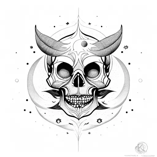 Moon, stars, skull, filigree, devil, vines tattoo design idea