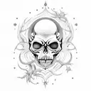 Moon, stars, skull, filigree, devil, vines tattoo design idea