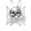 Moon, stars, skull, filigree, devil, vines tattoo design idea