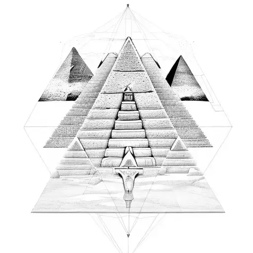 A futuristic interpretation of the pyramids with hieroglyphs spelling out secret messages in the ancient Egyptian alphabet tattoo design idea