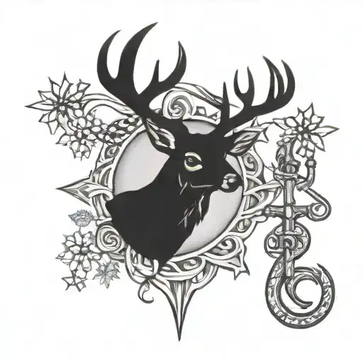 cross with deer antlers and a fishing hook tattoo design idea