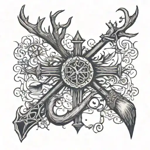 a cross with deer antlers and a fishing rod  intertwined with cross tattoo design idea