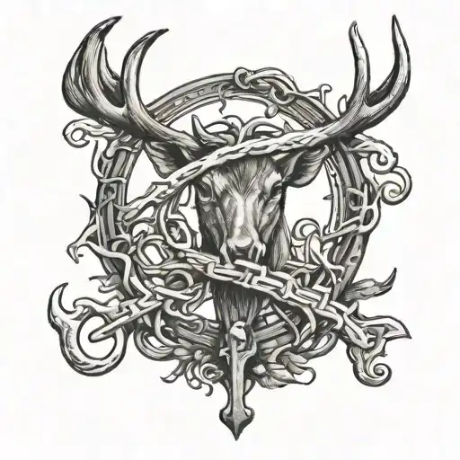 a cross with deer antlers and a fishing hook intertwined with cross tattoo design idea