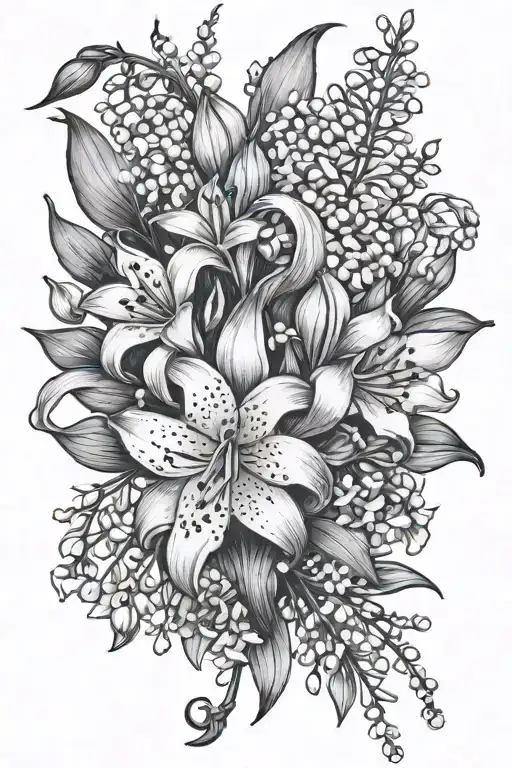 bouquet of flowers, lily of the valley, gladiolus and aster tattoo design idea