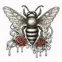 Large script Initials D and L with a killer bee dripping blood across the chest tattoo design idea