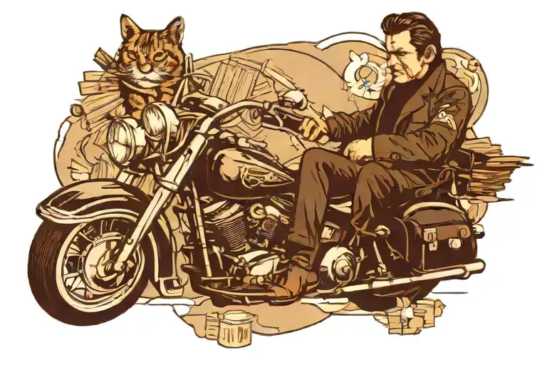 A neotraditional tattoo design of Johnny Cash riding a motorcycle surrounded by books and crystals tattoo design idea