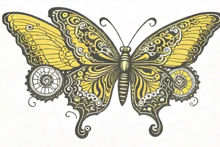 A realistic black and yellow butterfly with motorcycle tire patterns on its wings bearing the name Kev tattoo design idea