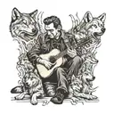 A neotraditional tattoo design of Johnny Cash playing a guitar with a pack of wolves circling around him, surrounded by books and crystals tattoo design idea