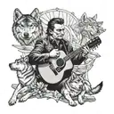 A neotraditional tattoo design of Johnny Cash playing a guitar with a pack of wolves circling around him, surrounded by books and crystals tattoo design idea