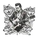 A neotraditional tattoo design of Johnny Cash playing a guitar with a pack of wolves circling around him, surrounded by books and crystals tattoo design idea