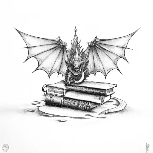 A bookshelf filled with fantasy novels and a dragon perched on top tattoo design idea