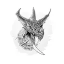 A stack of books with a computer screen displaying a dungeon & dragons game tattoo design idea