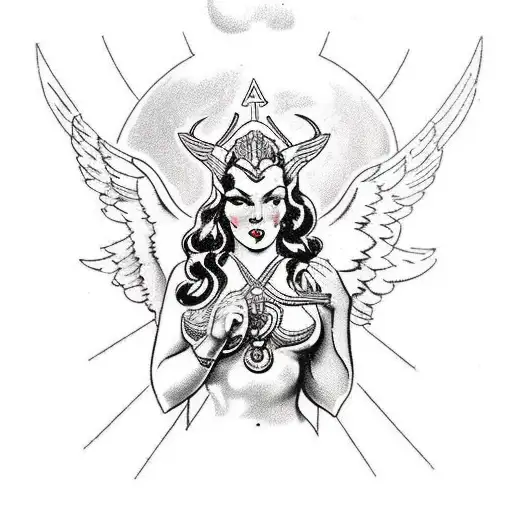 1940s Art Nouveau, goddess Freya as a Valkyrie, long flowing hair, two cute kittens in foreground tattoo design idea