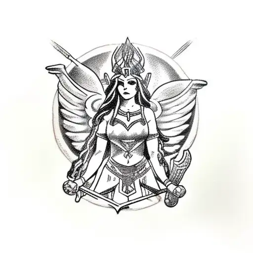 goddess Freya as a Valkyrie, long flowing hair, two cute kittens in foreground tattoo design idea