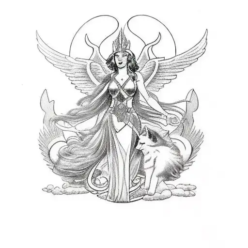 1940s Art Nouveau, goddess Freya as a Valkyrie, beautiful, cute, long flowing hair. two cute kittens in foreground tattoo design idea