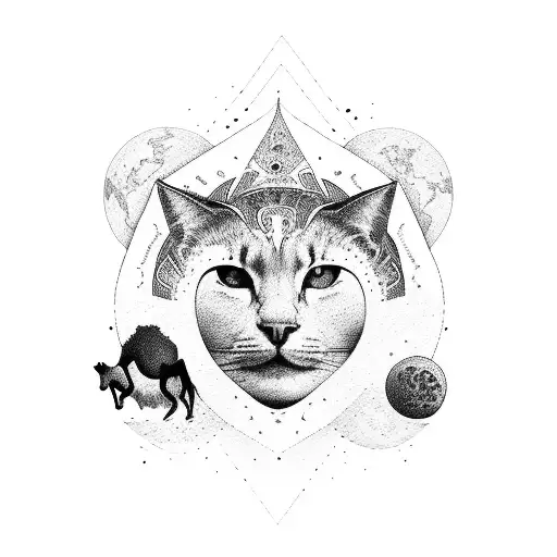 Mother Earth design surrounded by horses and cats tattoo design idea