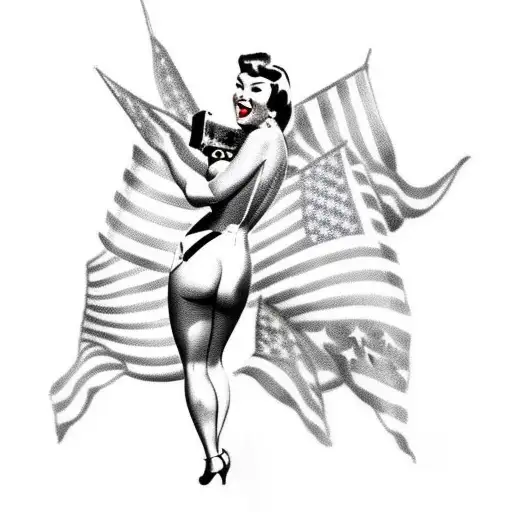 pin up nude of bettie page draped in the american flag tattoo design idea