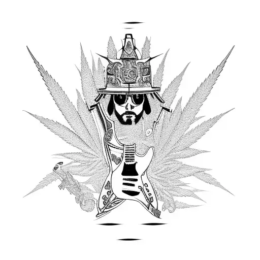 A psychedelic samurai playing a guitar surrounded by marijuana leaves and symbols of conspiracy theories tattoo design idea