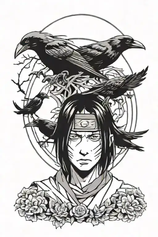 Uchiha Itachi sadness smile with crows  tattoo design idea