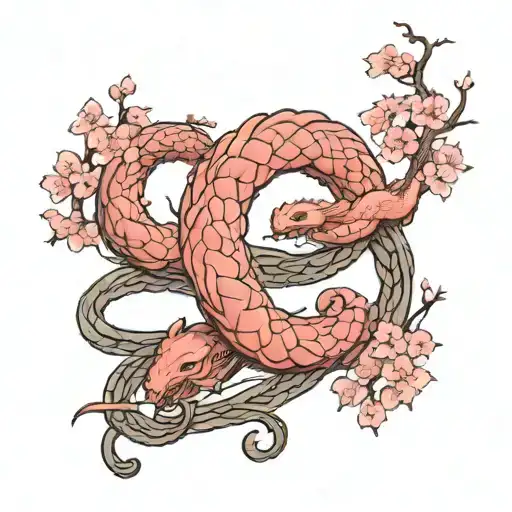 Jörmungandr wrapped around cherry blossom tree swollowing the earth  tattoo design idea