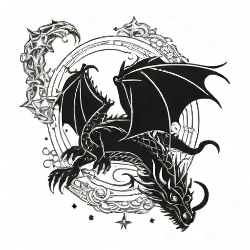 dragon sleeping in bed surrounded by stars tattoo design idea