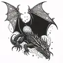 dragon sleeping in bed surrounded by stars tattoo design idea