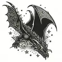 dragon sleeping in bed surrounded by stars tattoo design idea
