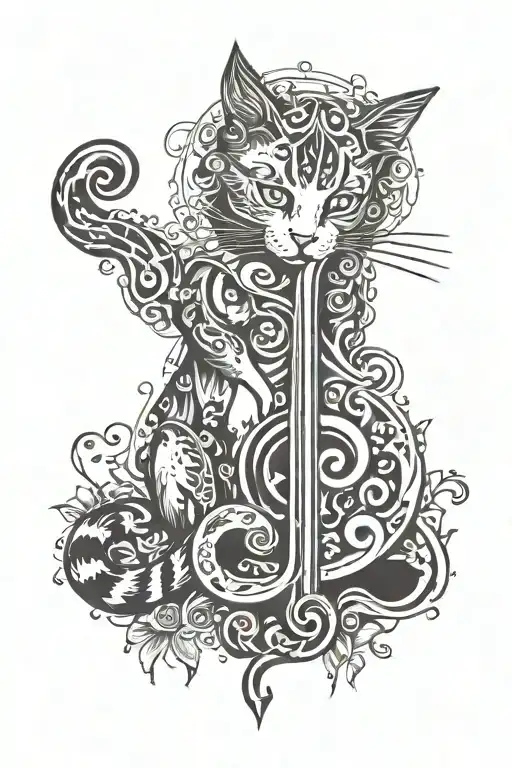 cat with a treble clef and with the dates 08/30/1996 and 09/29/2022 tattoo design idea