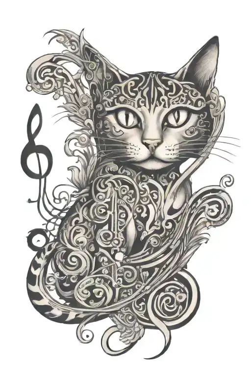 cat and treble clef with dates 08/30/1996 and 09/29/2022 tattoo design idea