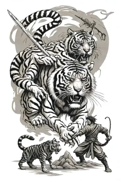 tiger fighting other demons with samurai warrior in a simulated matrix world  tattoo design idea