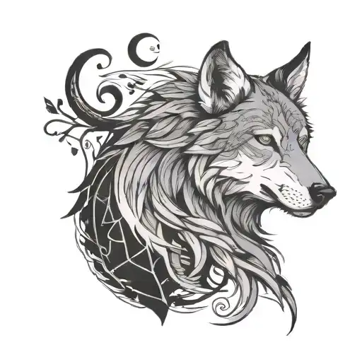 Combine a wolf silhouette with symbols from Taylor Swift's 'Loml' song lyrics in a black and grey tattoo design tattoo design idea