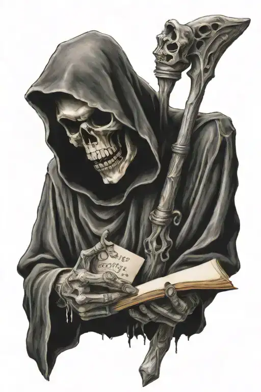 Grim reaper holding a note intertwined tattoo design idea