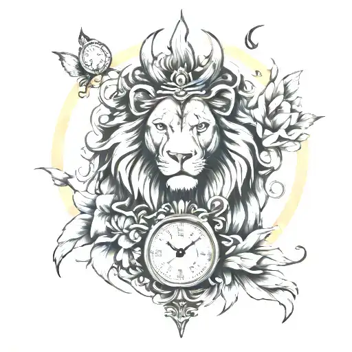 heart organ lion and clock tattoo design idea