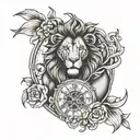 heart organ lion and clock tattoo design idea