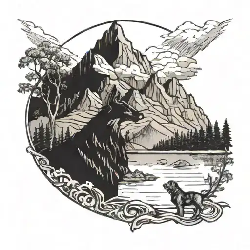A majestic mountain range with a hidden forest pathway leading to a tranquil lake, with a loyal dog by your side tattoo design idea