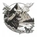A majestic mountain range with a hidden forest pathway leading to a tranquil lake, with a loyal dog by your side tattoo design idea