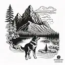 A majestic mountain range with a hidden forest pathway leading to a tranquil lake, with a loyal dog by your side tattoo design idea