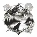 A majestic mountain range with a hidden forest pathway leading to a tranquil lake, with a loyal dog by your side tattoo design idea