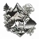 A majestic mountain range with a hidden forest pathway leading to a tranquil lake, with a loyal dog by your side tattoo design idea