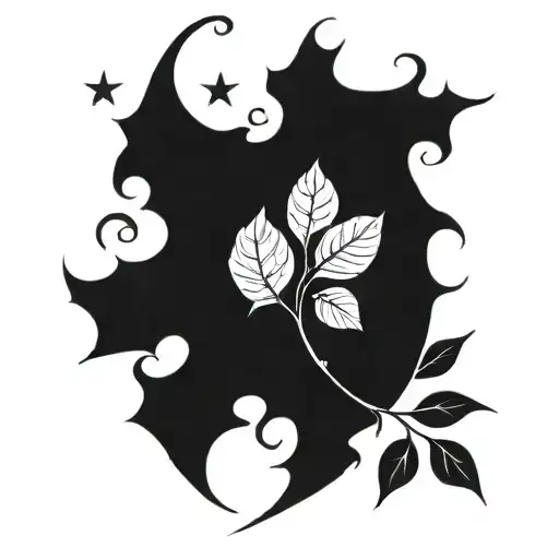 right side of belly button moon leaf and stars tattoo design idea