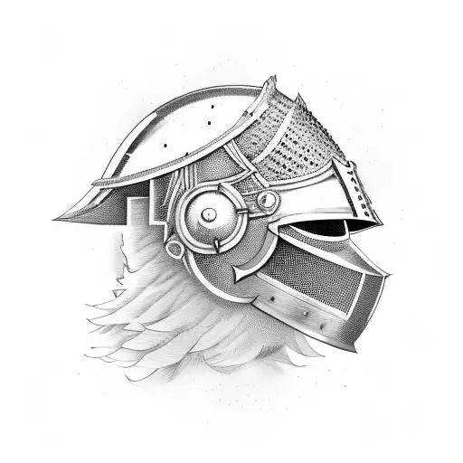 A portrait of a knight wearing a helmet adorned with an eagle crest, against a backdrop of a setting sun over the sea tattoo design idea