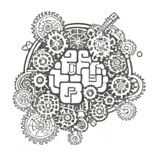 An intricate brain with gears and cogs symbolizing overthinking, surrounded by a border of music notes tattoo design idea
