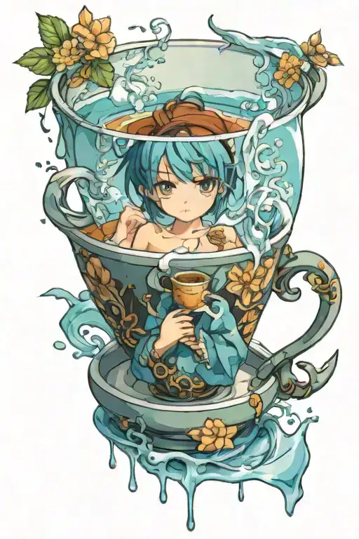 Freezing drinking tea cup tattoo design idea